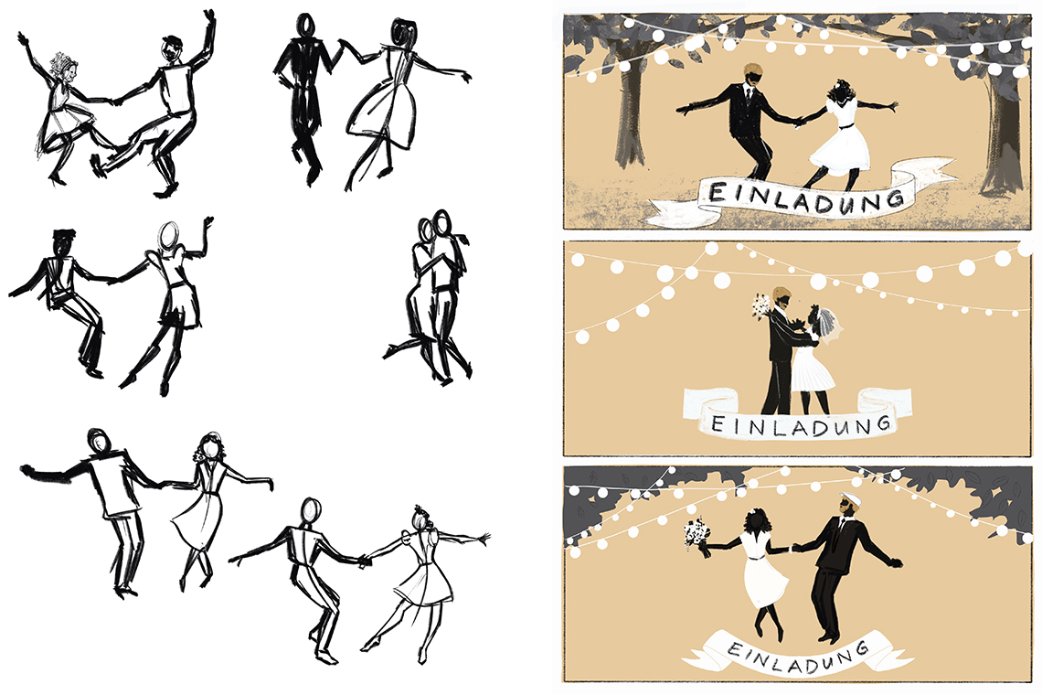 Hochzeitskarte: Tanzendes Paar Skizzen